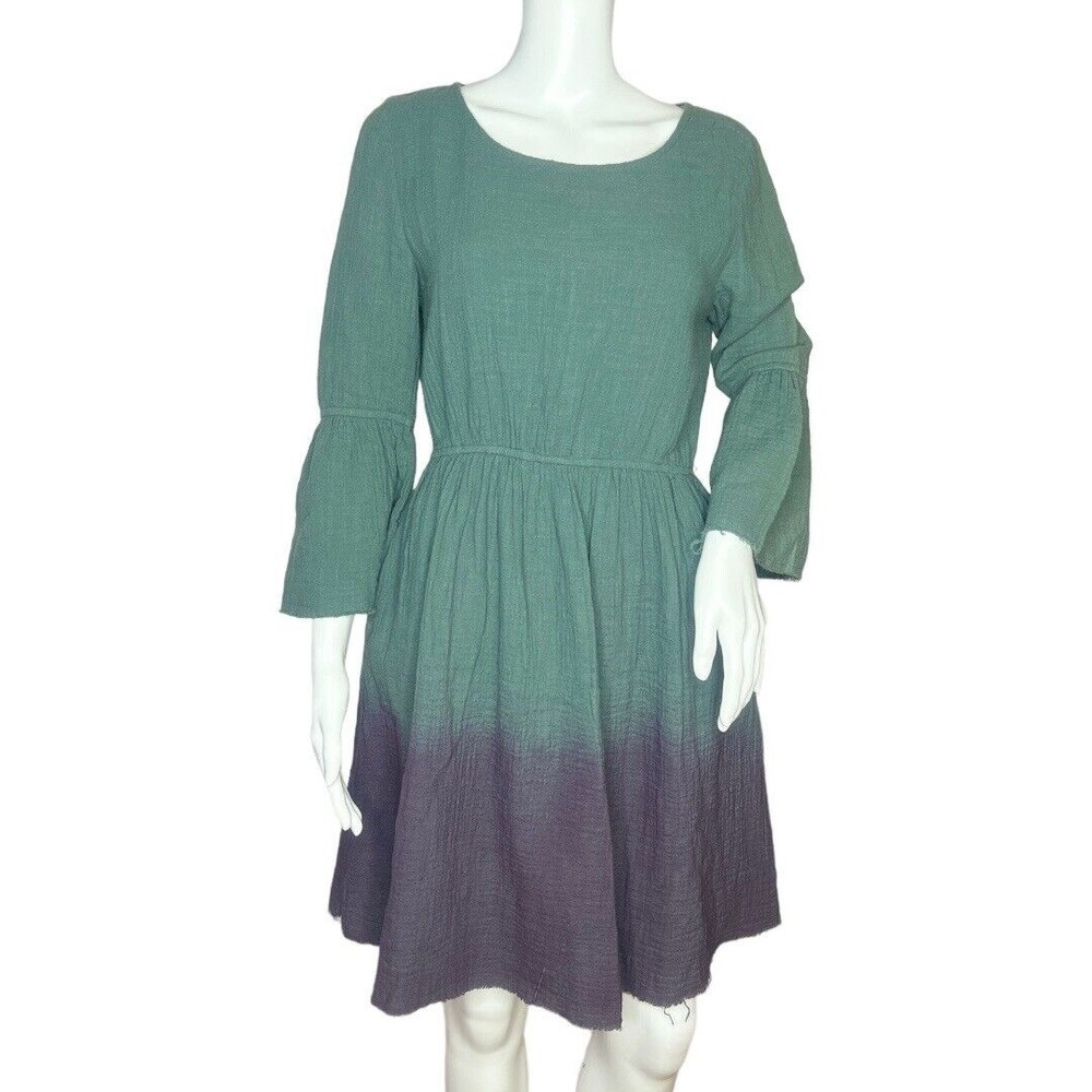 Hyku Fit & Flare Dress Hunter Green Purple‎ Ombre Dip Dye Raw Edges Gauzy Size S